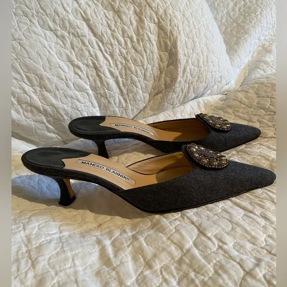 MANOLO BLAHNIK Dark Gray Pointed-Toe Coin Mules size 37.5 - Picture 2 of 14